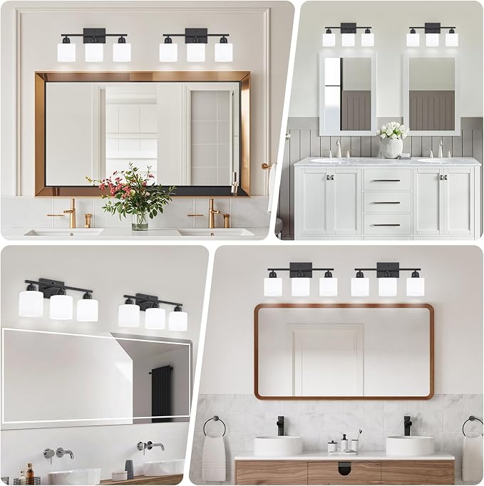3-Light Bathroom Light Fixtures, Black Bathroom Vanity Lights with Milky White Frosted Glass Shades, Black Vanity Light for Bathroom Mirror, Bedroom, Living Room, Vanity Table, E26 Base