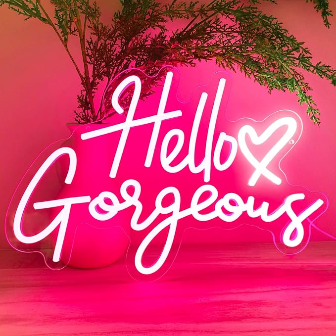 Hello Gorgeous Neon Signs for Wall Decor with Heart, Pink Gorgeous LED Sign Lights for Bedroom Dorm Home Salon Wedding Party, Cute Makeup Dressing Beauty Room Decor, Preppy Girls Woman Cave