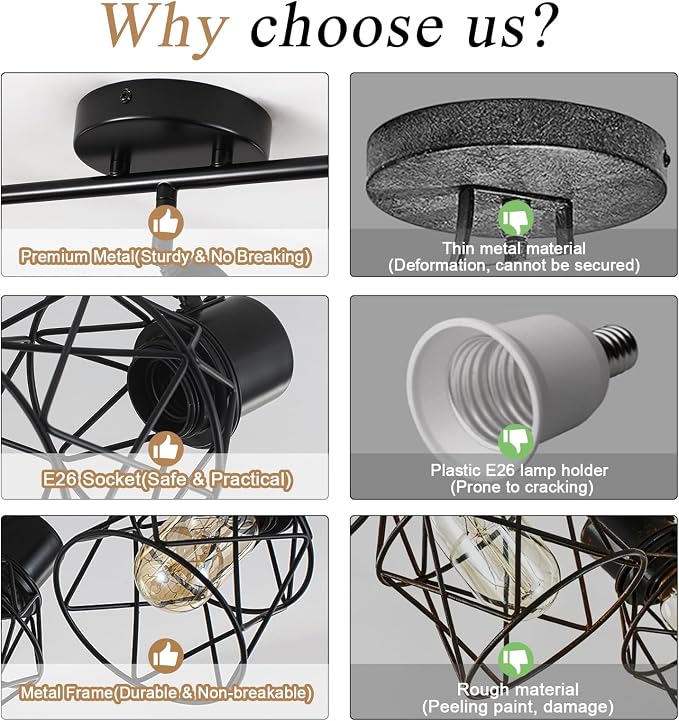 3 Lights Adjustable Multi-Directional Black Light Fixtures, Semi Flush Mount Ceiling Light, Kitchen Light Fixtures, Track Lighting Fixtures Metal Cage Industrial Spotlight Fixtures for Dining Room