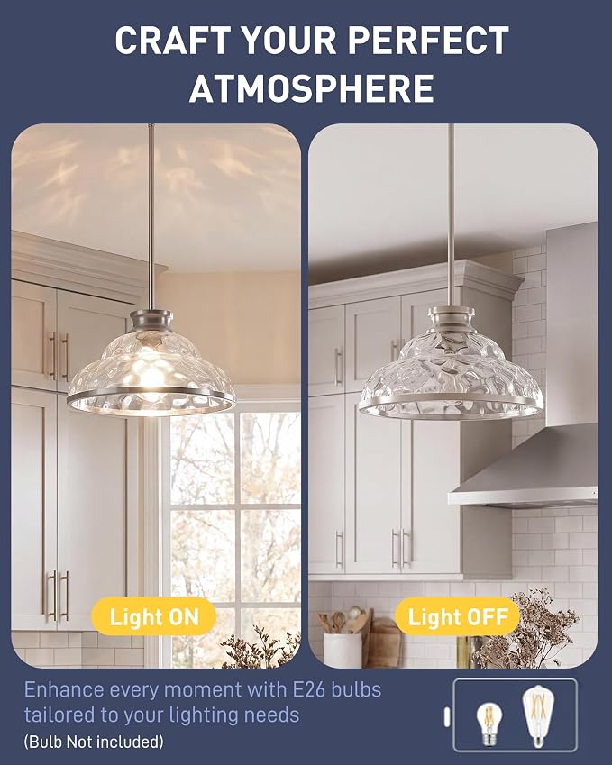 kudos 11 Inch Brushed Nickel Pendant Lights with Hammered Glass,KDPL14-BN-H | E26 Bulb Base, Hardwired, Farmhouse Styling, Adjustable Hanging Rods for Flat or Sloped Ceilings, for Kitchen Bars