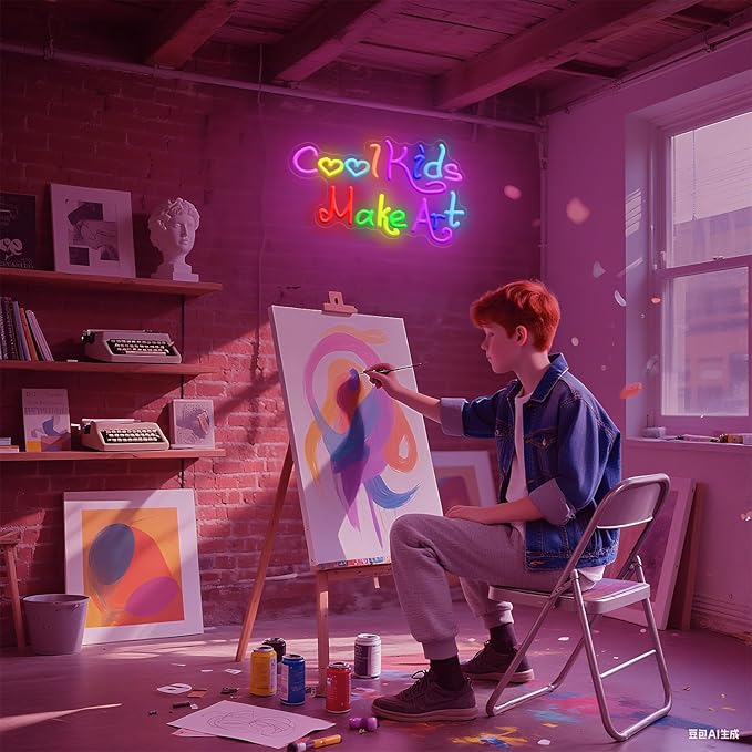 Cool Kids Make Art Neon Sign for Classroom, Art Neon Light Wall Decor, Kids Neon Light Sign Colorful Letter Led Neon Lights for Bedroom Library School Decoration 14.17 x 8.27 inch