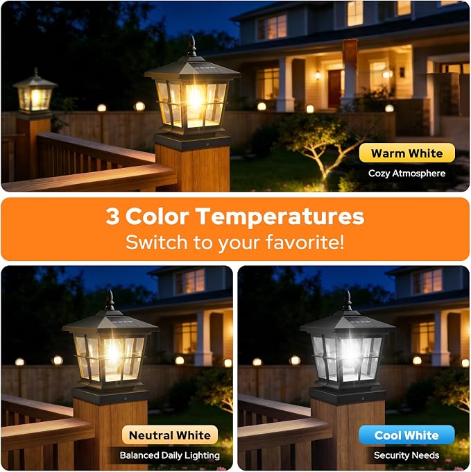 4x4 Post Solar Lights with 3 Color Temps, Edison Bulb, 6 Pack Black | Solar Post Cap Lights, 4x4 Post Caps & 5x5 Wood Vinyl, IP64 Waterproof Fence Post Solar Lights Outdoor,Solar Deck Post Lights