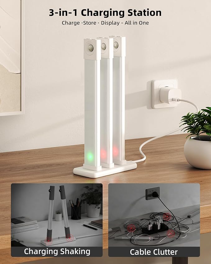 EZVALO Under Cabinet Lighting with Charging Station, 11.8'' Motion Sensor Light Indoor, 1500mAh Rechargeable LED Light, 3 Color Temperatures, Dimmable Counter Lights for Kitchen, Closet, Stair (3Pack)
