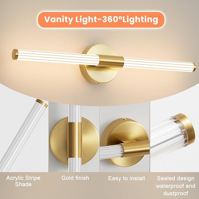 Gold Wall Sconces Set of Two Hardwired LED Vanity Light 23" | Dimmable 5CCT LED Bathroom Light Fixtures, 360° Full Lighting, Modern Vanity Light Bar for Bathroom Mirror