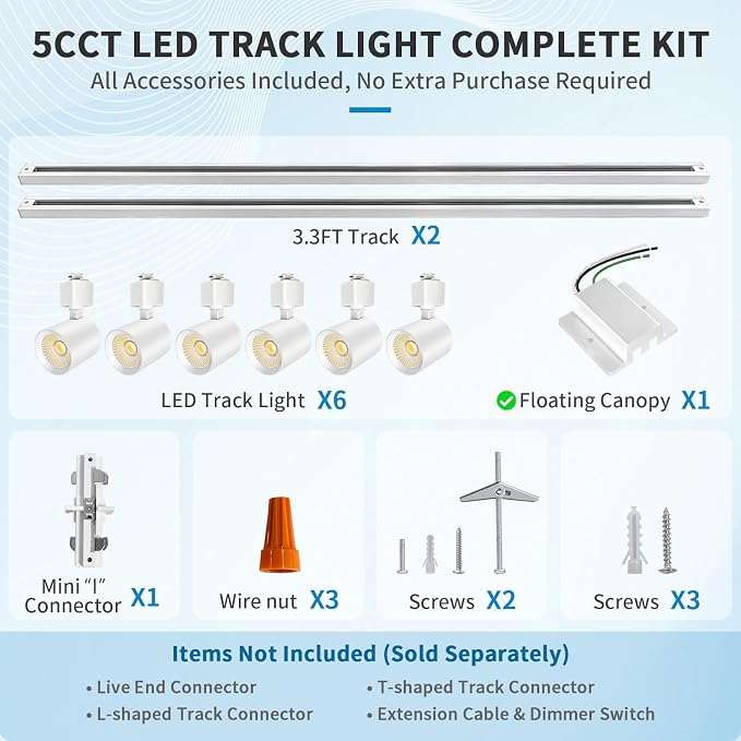5-Color 6-Light LED Track Lighting Kit with 6.6FT H Type Track Lighting Rail, Dimmable Track Lights with Floating Canopy, Track Light Heads Ceiling Spotlight, CRI90+, 36° Beam 10W 800lm, White