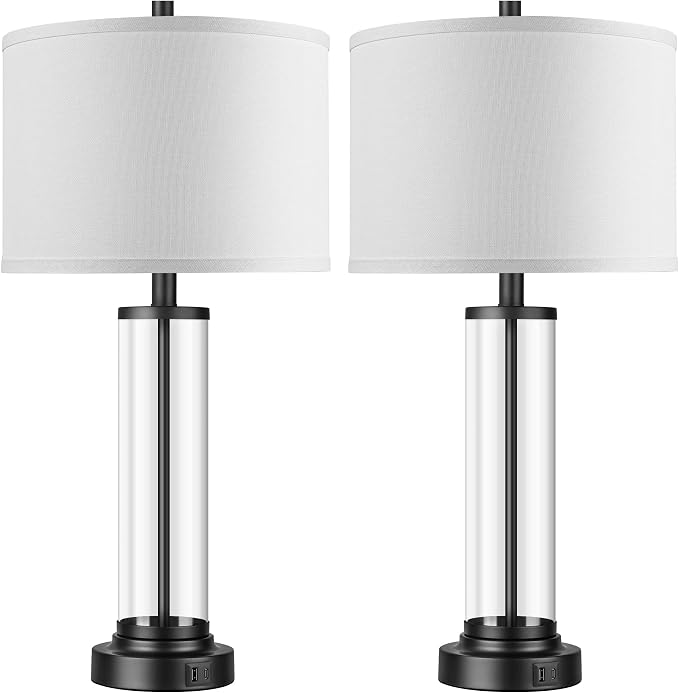 Glass Table Lamps Set of 2, Modern Black Dimmable Beside Lamps for Bedroom | 2 Dimmable LED Bulbs, USB A+C Charging Ports, Modern Black Glass Lampshade, Seamless Dimming Touch Control