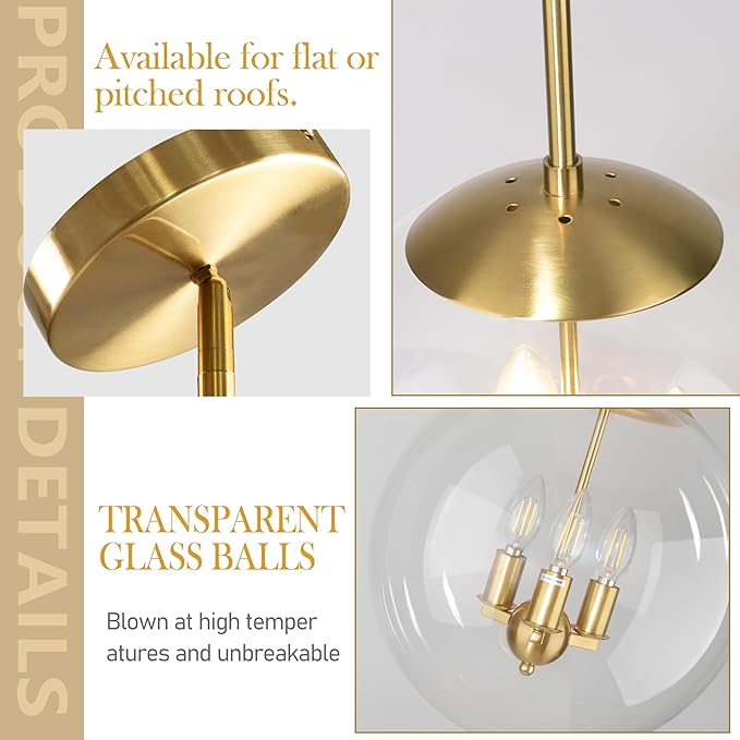 14" Globe Pendant Light Contemporary Globe Pendant Lights Kitchen Island 3 Light Gold Mid Century Pendant Light Clear Glass with Brass Finish Adjustable Hanging Light Fixture for Dining Room