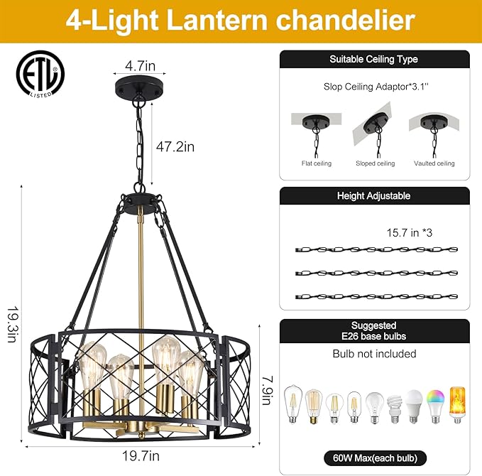 20'' Farmhouse Chandelier, 4-Light Black and Gold Dining Room Light Fixture Over Table, Rustic Industrial Drum Hanging Pendant Lights Fixture for Kitchen Island Living Room Bedroom Hallway Entryway