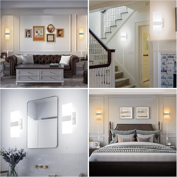 TRLIFE Wall Sconces Plug in, Adjustable 4 Color Temperature Modern LED Wall Sconce, 12W Acrylic Wall Mounted Light Set of 2 Wall Lights with 6FT Plug in Cord for Bedroom Bedside(2 Pack, Silver)