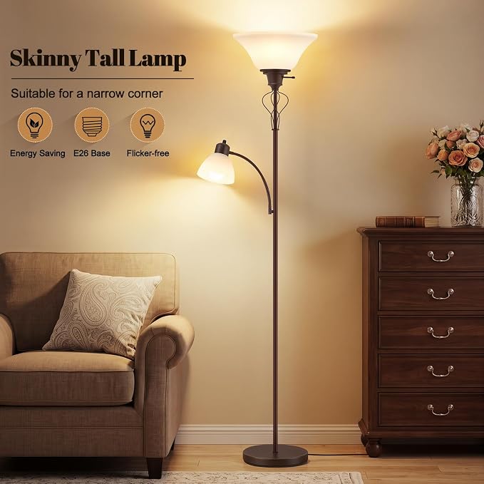 Floor Lamps for Living Room, 70" Tall Torchiere Floor Lamps, Plastic Shade | Tall Lamp with Adjustable Gooseneck Reading Light, Modern Corner Standing Lamp for Bedroom, Office, Separate On/Off Switch