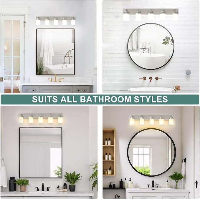 IZORRO Bathroom Vanity Light Fixture, 5-Light 36 Inch Brushed Nickel Bathroom Light Fixtures Over Mirror, with White Glass Shade, Modern Farmhouse Vanity Lights, Rustic Restroom Lighting Fixtures