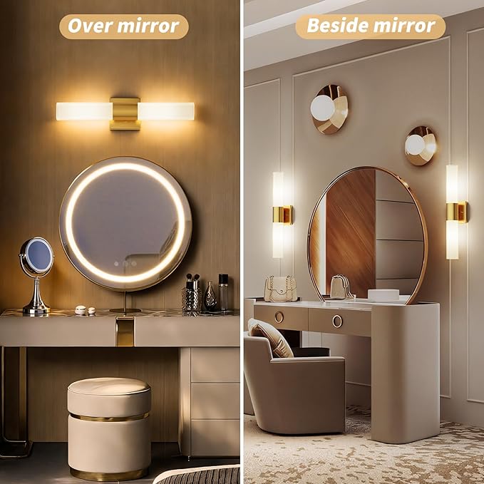 Wall Sconces Set of Two, Modern 21" Vanity, Frosted Glass, Gold | Indoor Wall Light Fixture. For Bathroom, Mirror, Bedroom, Living Room, Hallway. Mounting Hardware Included. Easy To Install.