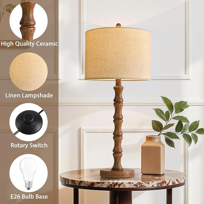 ILLMTW Wood Table Lamp Set of 2,Vintage Buffet Lamps Mid Century Bedside Lamp Wooden Nightstand Lamp Farmhouse Retro Side Tall Table Lamp Rustic Boho for Bedroom Living Room