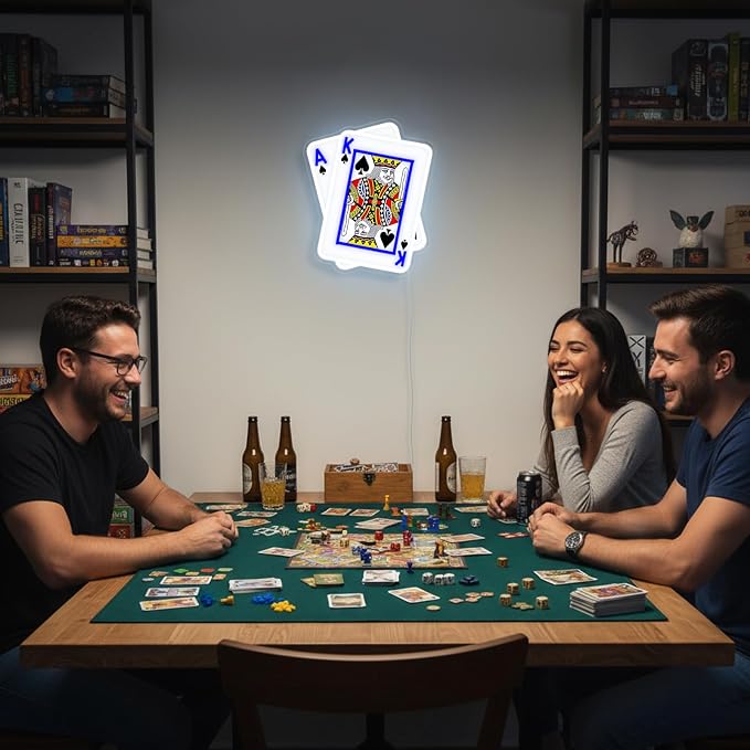 Poker Neon Sign, UV Printed Playing Cards LED Light for Man Cave Decor | USB-Powered Dimmable “A,K” Spade Cards Light Sign for Poker Rooms, Game Rooms, Man Caves, and Poker Nights