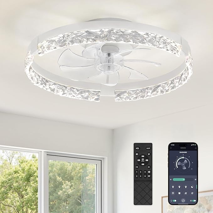 ZMISHIBO 19.7" Ceiling Fans with Lights, Low Profile Ceiling Fan and Remote, Flush Mount Ceiling Fans, Stepless Dimmable LED Light, White Fixtures for Bedroom, Living Room | 3CCT Dimmable LED, DC Motor, Bladeless, Reversible Blade, 6 Speeds, Modern, Lo...