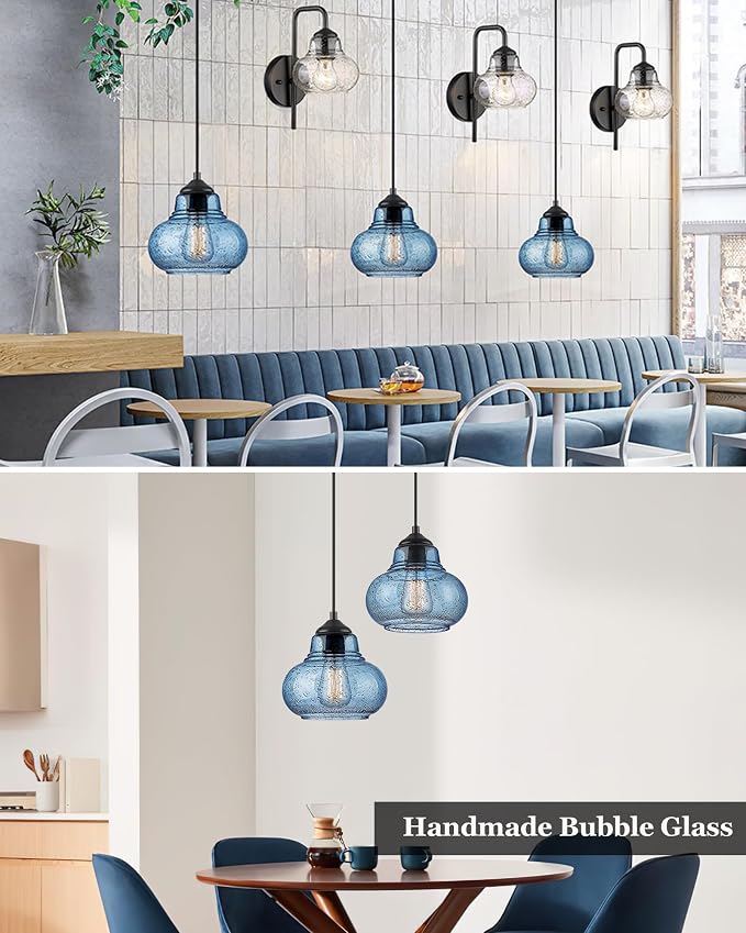 ELYONA 2 Pack Bubble Glass Pendant Lights 8 inch Modern Blue Hand Blown Globe Glass Pendant Lighting Hanging Light fixtures for Kitchen Island Dining Room Bar Bedroom Living Room