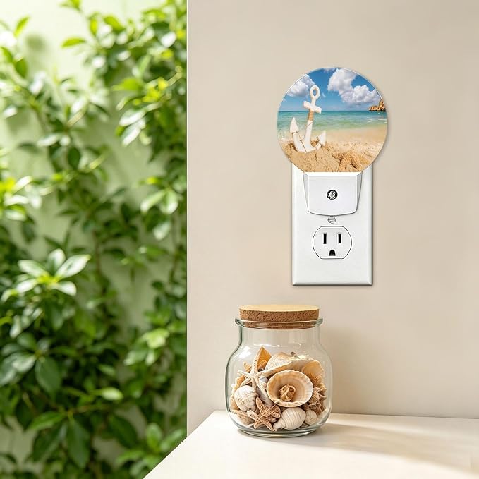 LED Night Light Summer Beach Night Lights Plug into Wall Auto on/off | Sea Wave Anchor Starfish on Sand Plug-in Night Light with Dusk to Dawn Sensor, Energy Saving Nightlight for Hallway Kitchen
