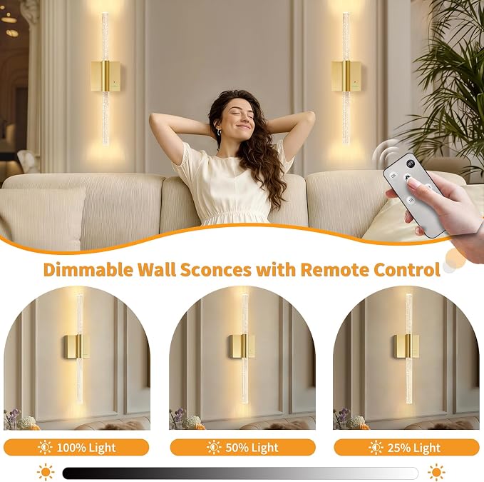 28” Wall Sconces Set of 2, Rechargeable Battery Powered Wall Light | Extra Large 8000mAh Battery Operated Dimmable Led Lamp Fixtures with No Hardwired, for Bathroom Cabinet Study Room, Gold