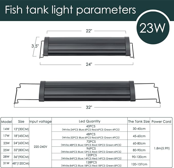 AQQA Aquarium Light,Full Spectrum LED Fish Tank Lights | 12"-54" Adjustable Multi-Color White Blue Red Green LEDs with Extendable Brackets,14W-31W for Freshwater Plants 23W (24"-32")