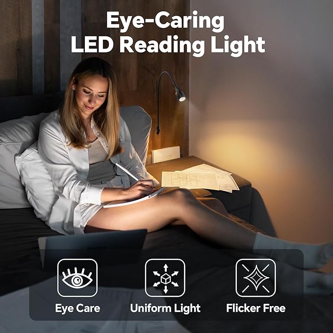 Wall/Headboard Mounted Reading Light with Lamp Head Switch | Minimalist Design, USB-C Powered, CRI 95+,4000K + Amber Nightlight,8–100% Dimmable, Metal Gooseneck,For Home Bedroom Bedside
