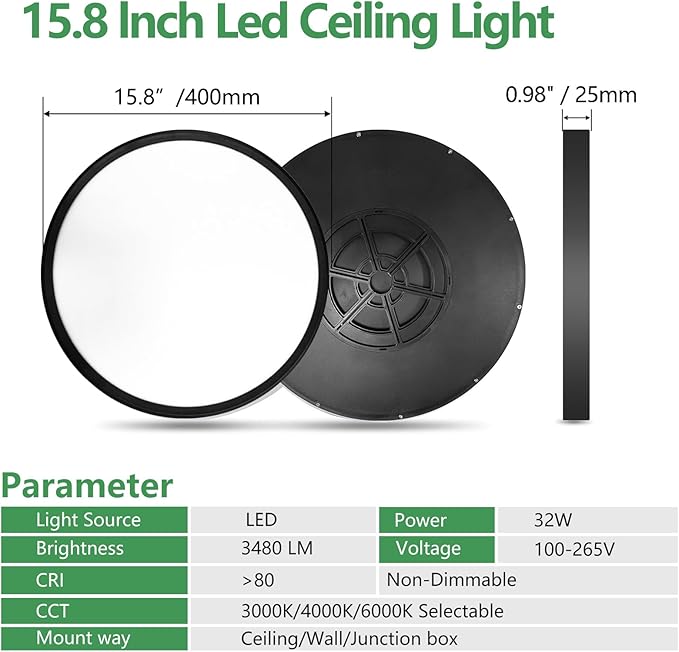 15.8Inch 6PK Black LED Flush Mount Ceiling Light, 32W, 3480LM, 3CCT | 3000K/4000K/6000K CCT Selectable, Black Close to Ceiling Round Flat Panel Light, Super Slim LED Ceiling Light for Bedroom