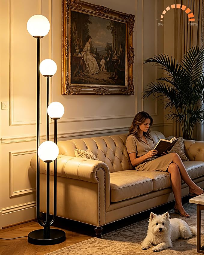 63IN 4-Light Dimmable Floor Lamp, Unique Black Tall Standing Lamps with Globe Shade &3000K Bulbs for Reading, Mid Century Modern Floor Lamp with 5Lbs Heavy Base for Living Room Bedroom Office