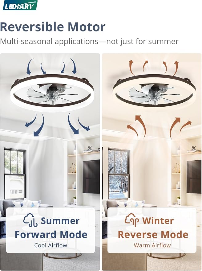 LEDIARY 20" Low Profile Ceiling Fans with Lights, APP & Remote, Brown | Flush Mount, Dimmable LED, Quiet DC Motor, Reversible, 6 Speeds, Fandelier, for Bedroom