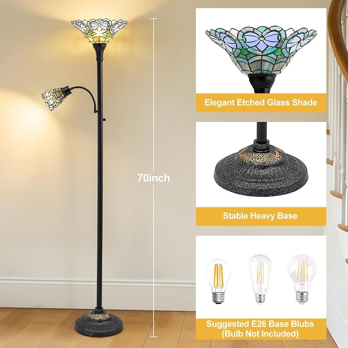 Luvkczc Tiffany-Style Floor Lamp, Stained Glass Lamp Victorian Style with Adjustable Gooseneck Reading Lamp – 70" Tall Torchiere Floor Lamps for Living Room