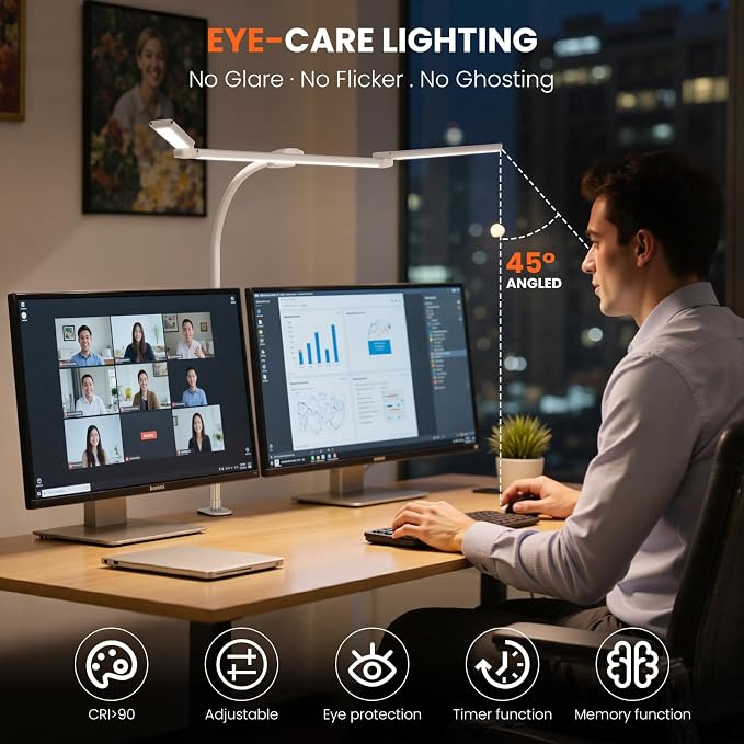 LED Desk Lamp for Office Home, 3 Light Bar Adjustable Desk Light with Clamp | Architect Table Lamp Computer Monitor Lighting, Stepless Dimming Eye-Caring Clip on Light for Workbench Reading Study White