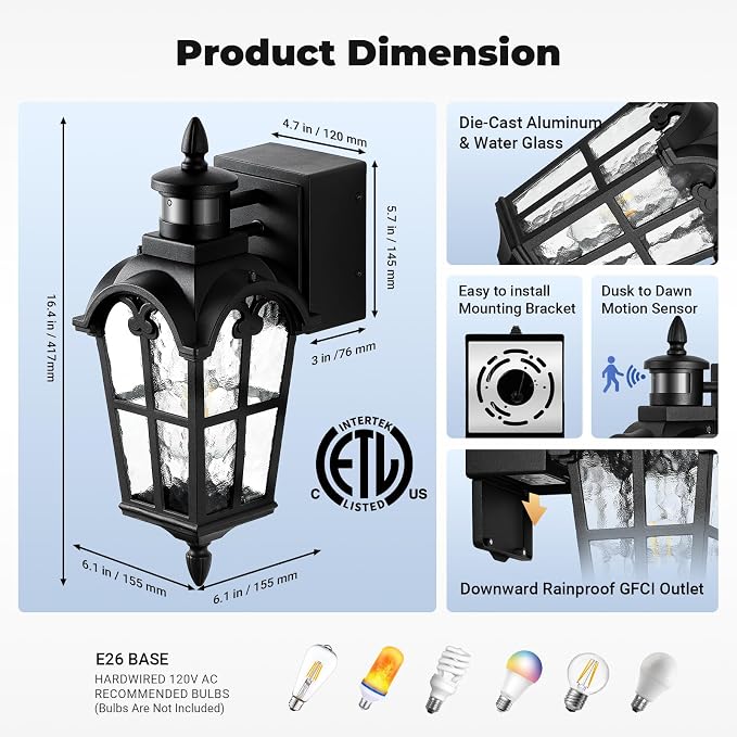 Motion Sensor Outdoor Lights with GFCI Outlet, 16.4" H Black Porch Light Outdoor, Dusk to Dawn Outside Lighting for House, Aluminum Anti-Rust Outside Light Fixtures Wall Mount for Garage Patio