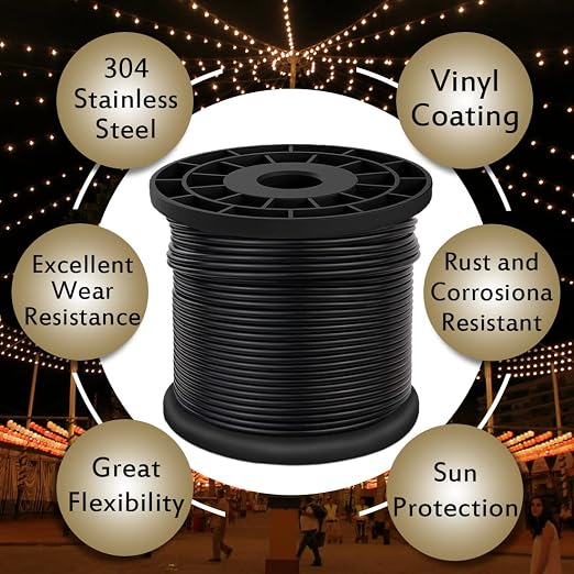 Vinyl Coated Wire Rope 304 Stainless Steel Coated Wire Cable-Black, 1/16" OD to 3/32" x 200FT, with 60 Pcs Crimping Sleeves-Cable for String Lights, Suitable for Clotheslines