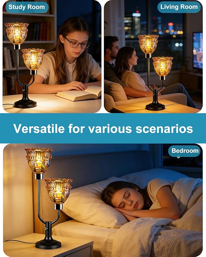 Lightdot Mid Century Modern Glass Table Lamp Black Dimmable Desk Lamps with Brown Glass Shade& 2Pcs 3000K Warmwhite Bulbs Included U-Shaped Bedside Nightstand Lamp for Living Room Bedroom