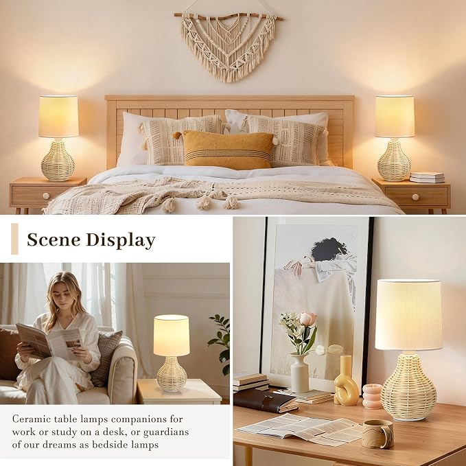 EJIAXIN Rattan Table Lamp Boho Lamps Set of 2-12.5" Mini Farmhouse Wicker Light Rustic End Table Decorative Small Lamps for Small Spaces Bedroom Nightstand Living Room Reading Desk Side Table Lamp