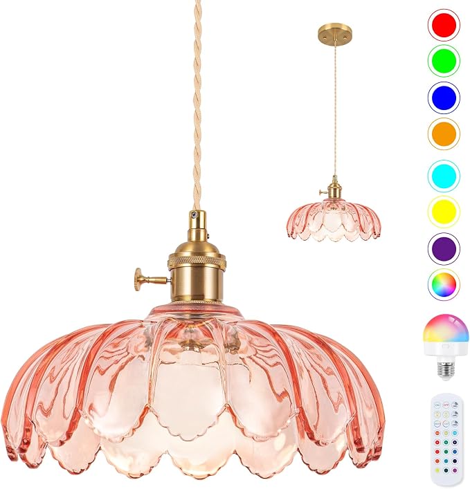 Battery Operated Pendant Light,Pink Vintage Light Fixtures RGB Rechargeable Light Bulb 2500mAh 9.8in with Remote Control Wireless Adjustable Chandelier for Kitchen Island Hallway 1 Light