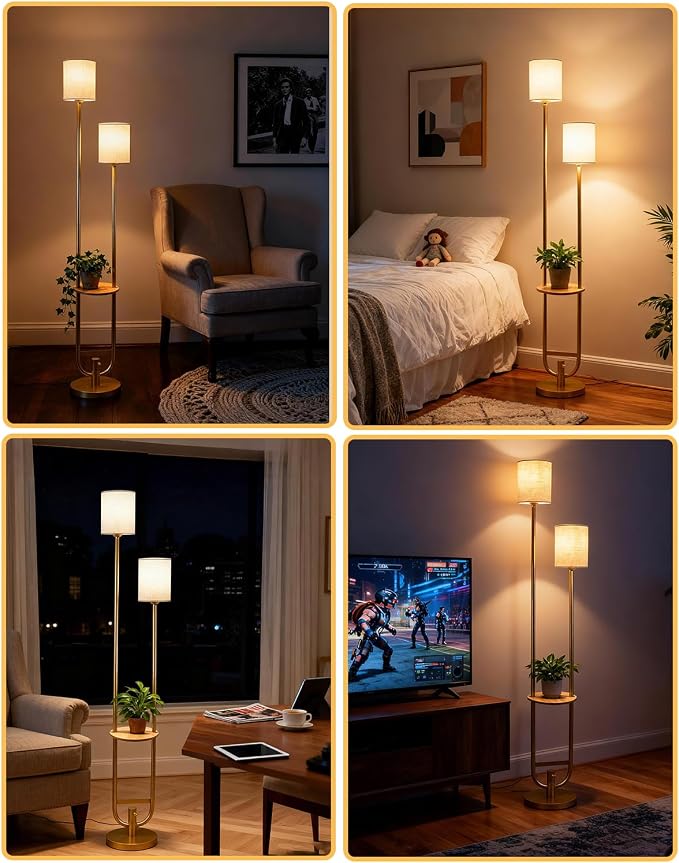 Lightdot 63Inch Floor Lamp Dimmable Gold Floor Lamp with 5Lbs Heavy Base for Living Room 2-Light Mid Century Modern Tall Standing Lamp with Table for Bedroom/Sofa Beside/Corner Decor(Bulbs Included)
