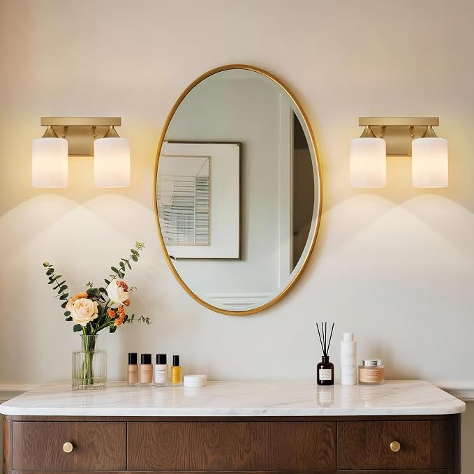 ZHU YAN 2 Light Vanity Lights for Bathroom,Gold Bathroom Vanity Light,Milky White Glass Shades,Modern Bathroom Wall Lamp for Mirror Living Room Bedroom E26 Socket