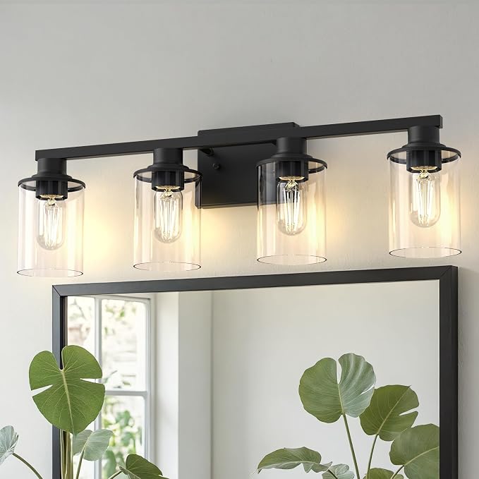 4-Light Black Bathroom Light Fixture Over Mirror ETL Listed | Modern Vanity Lights With Clear Glass Shade, Bathroom Wall Light, Wall Sconce for Hallway Bedroom Living Room, ETL Listed
