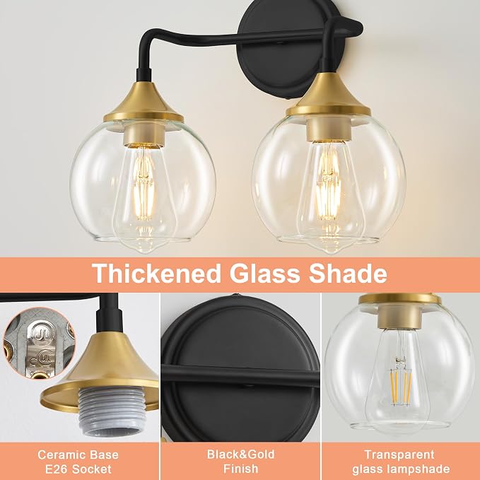Black and Gold Bathroom Vanity Light 2-Light Vanity Lights 14" | Farmhouse Vanity Lighting Fixtures Over Mirror, Thickened Clear Glass Shade, UL E26 Dimmable Vanity Light Fixtures