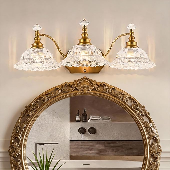Vintage Bathroom Light Fixtures, 3-Light Brass Vanity Lights with Floral Clear Glass Shades, Retro Wall Sconce for Bedroom, Living Room, Hallway
