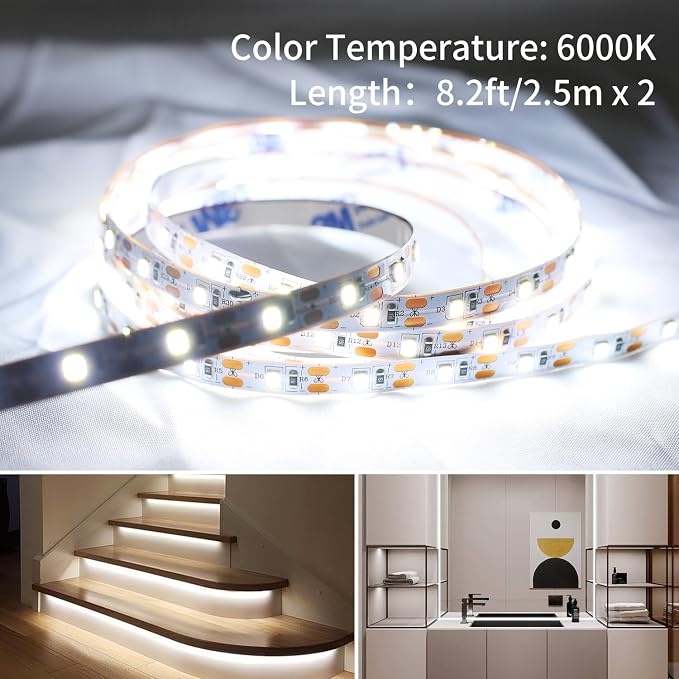 USB LED Light Strip White with Battery Box (Batteries Not Included), 16.4ft Daylight Under Cabinet Strip Lights Cuttable for Bedroom, Mirror, Party, Camping, Christmas, 8.2ft x 2