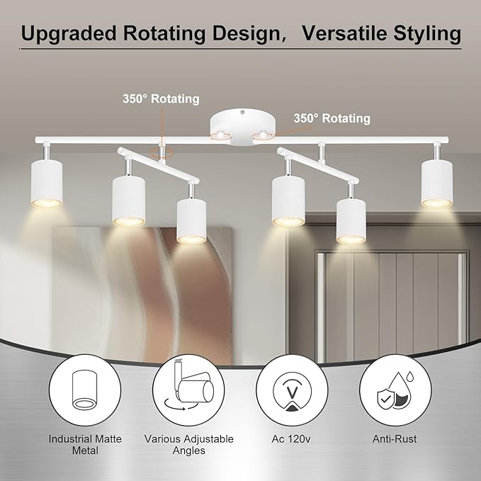 6 Light Track Lighting Fixtures Ceiling, Matte White Kichen Track Lighting Fixtures with Rotatable Light Heads, Upgrade Light Poles, Modern LED Spot Lights for Kitchen/Hallway, No GU10 Bulb