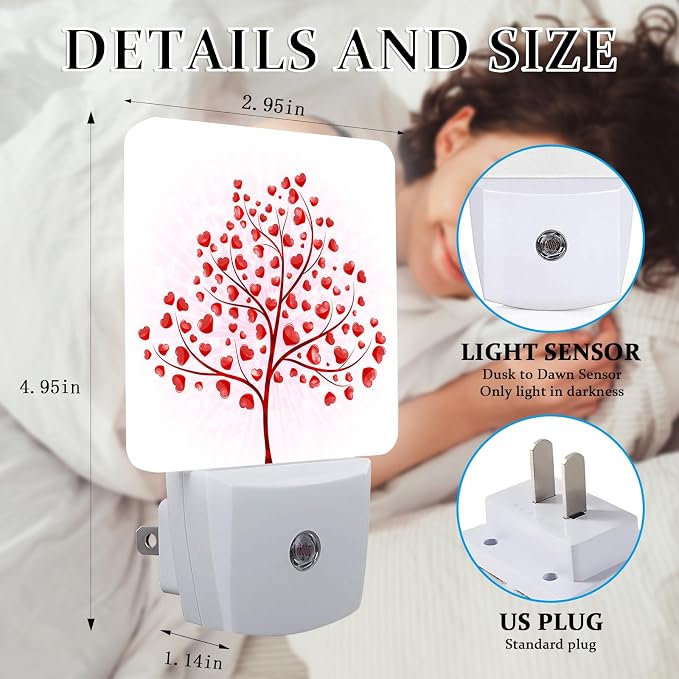 Red Heart Tree Night Light, Plug-into Wall Valentine's Love Leaves Nightlight Lamp with Dusk to Dawn Sensor, Led Lamp 0.5W Energy Efficient for Boys Girls Adults Home Decor