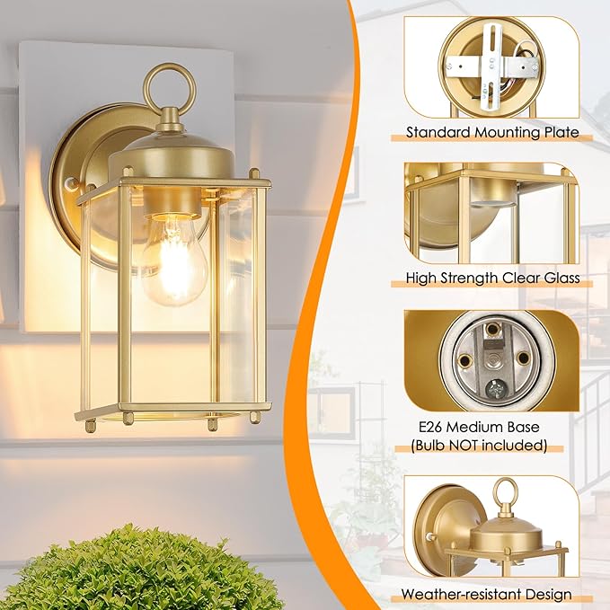 Large Outdoor Wall Lantern, Exterior Waterproof Wall Sconce Light Fixtures, Gold Front Door Lighting with Clear Beveled Glass, Anti-Rust E26 Socket Porch Lamp, 2 Pack