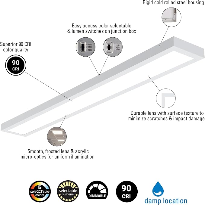 Metalux MMS Multi-Mount 6 in x 4 ft LED Panel Ceiling Light with 5 CCT and Lumen Select, 0-10V Dimming, Surface Mount, Recessed, Suspended, Wall Mount, 90 CRI - 4MMS6-L3C5-UNV