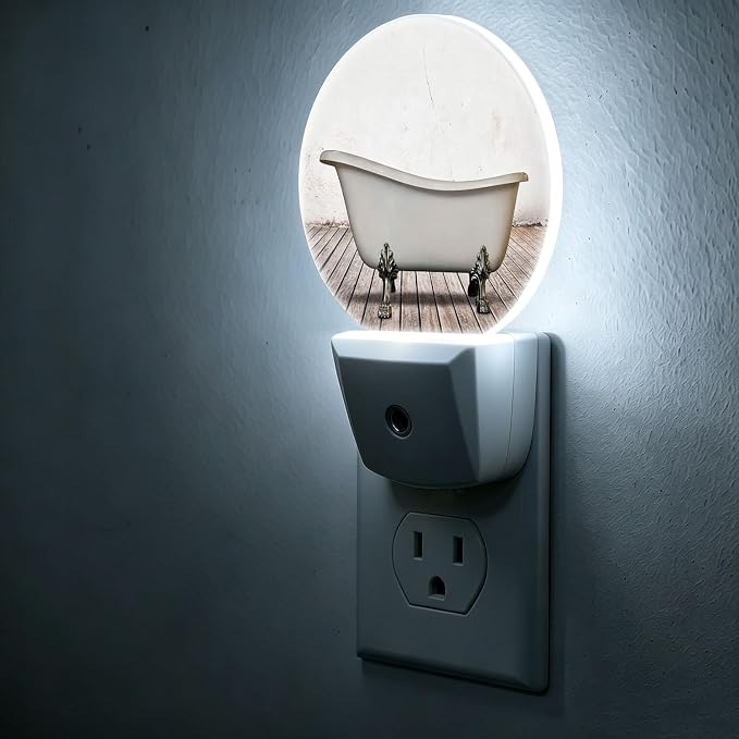 Nightlight Vintage Bathtub Plug-in Night Lights Dusk to Dawn | Bathroom White Old Wall Wood Floor Night Light LED Round Lamp with Auto on/off Sensor for Kitchen Hallway Bedroom Bathroom