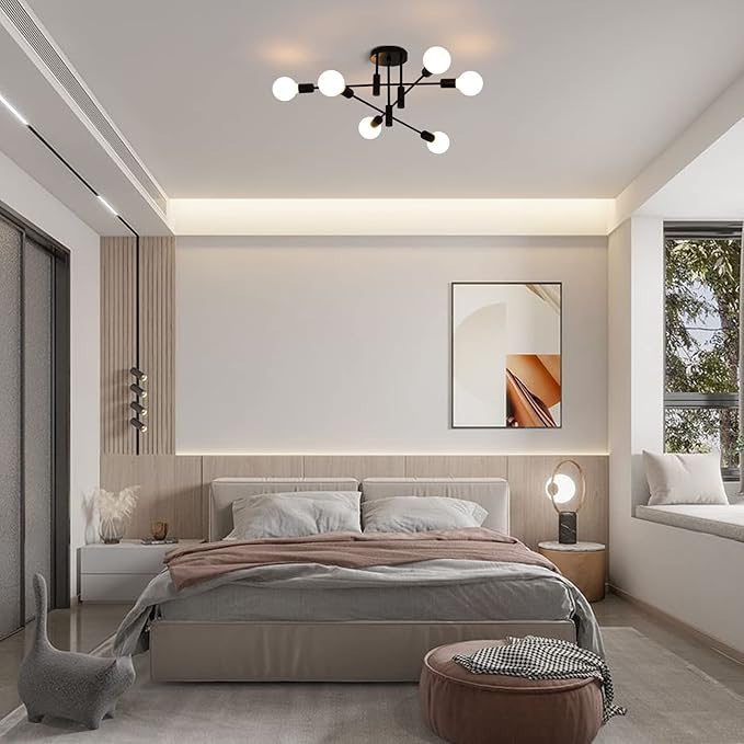 Garwarm Black Sputnik Ceiling Light Fixture, 6-Lights Semi Flush Mount Ceiling Light, Modern Kitchen Chandelier for Dining Room Bedroom Entryway Hallway