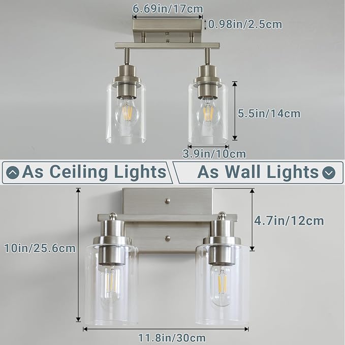 LOUSACE 2 Light Brushed Nickel Bathroom Vanity Track Light Fixtures Ceiling Mount Kitchen Track Lighting Kit with Clear Glass Shade, Modern Wall Ceiling Rotatable Tracking Light Heads for Accent Shop