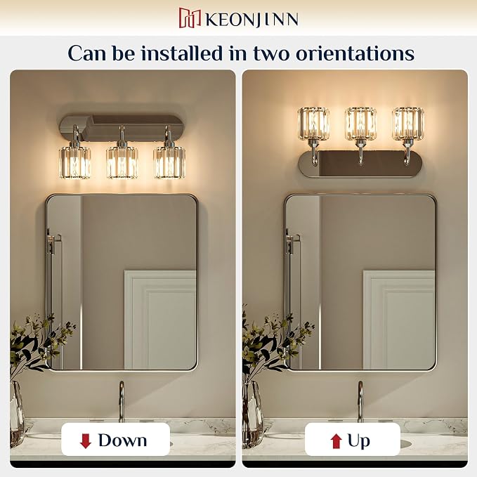 Keonjinn 3-Light Chrome Bathroom Light Fixtures Over Mirror, Crystal | Vanity Lighting Fixture with Crystal Square Shades, Dimmable, Vintage Style, Compatible with E26 Base LED Bulbs(Exclude Bulb)