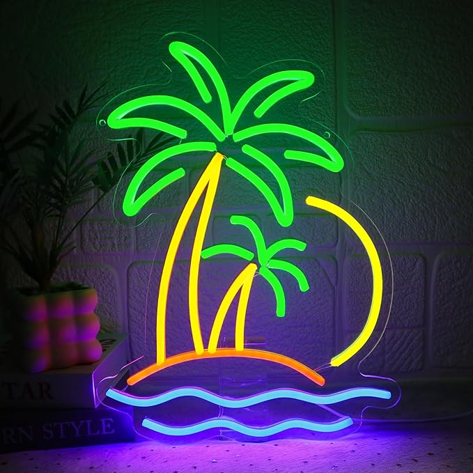 Coconut Tree Neon Sign for Wall Decor Dimmable Beach Sunset Led Sign for Bedroom Tropical Palm Tree Neon Light for Tiki Bar Hawaii Club Summer Beach Party Decoration