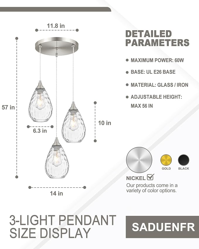 Brushed Nickel Dining Room Chandelier Light Fixture Over Table, Modern 3-Light Pendant Lighting with Hammered Glass, Cluster Hanging Lights for Kitchen Island Dining Room